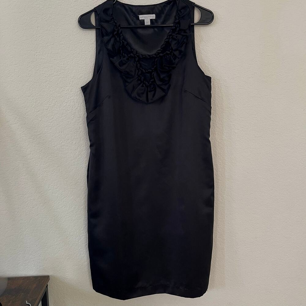 Women's New York & Co Black Shine Mini Dress Ruffle Neck Sleeveless Size 12